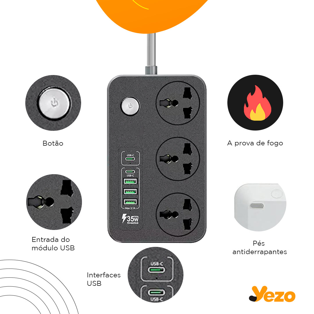 Extensão Elétrica Moderna - Com Saídas USB e Type C de Carregamento Rápido