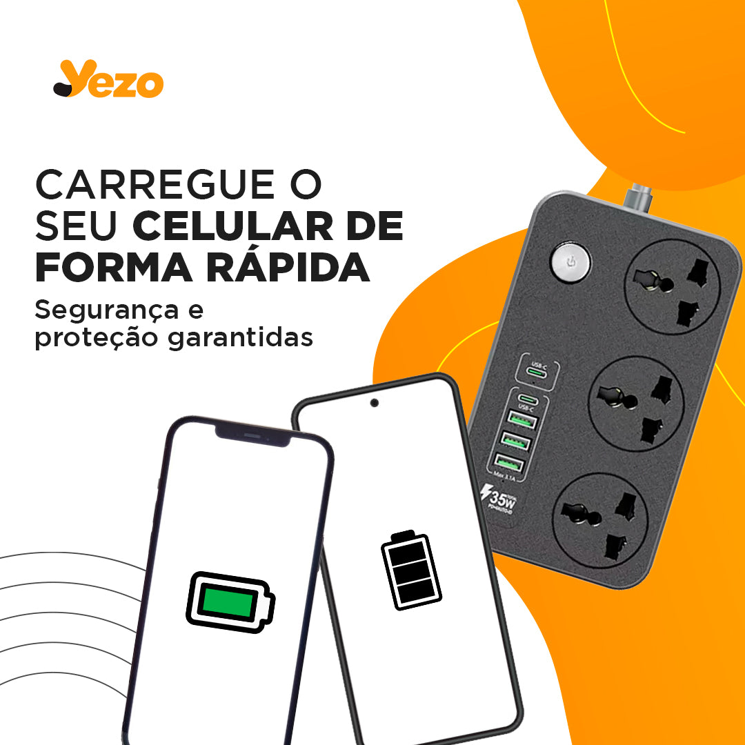 Extensão Elétrica Moderna - Com Saídas USB e Type C de Carregamento Rápido